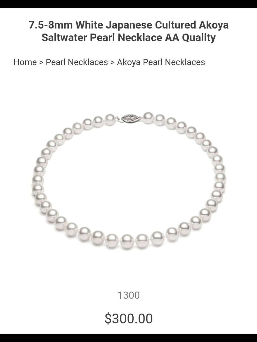 NWT 7.5-8mm White Akoya Cultured Pearl Necklace AA Quality 16"